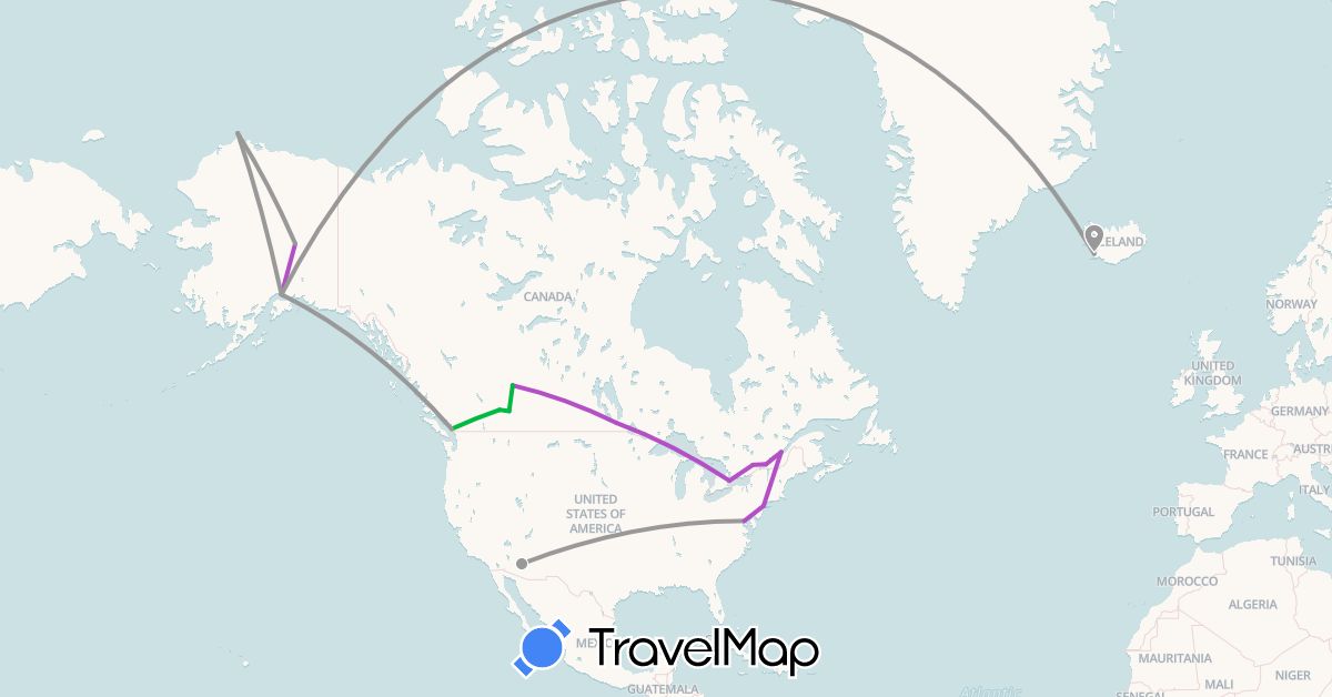 TravelMap itinerary: driving, bus, plane, train in Canada, Iceland, United States (Europe, North America)